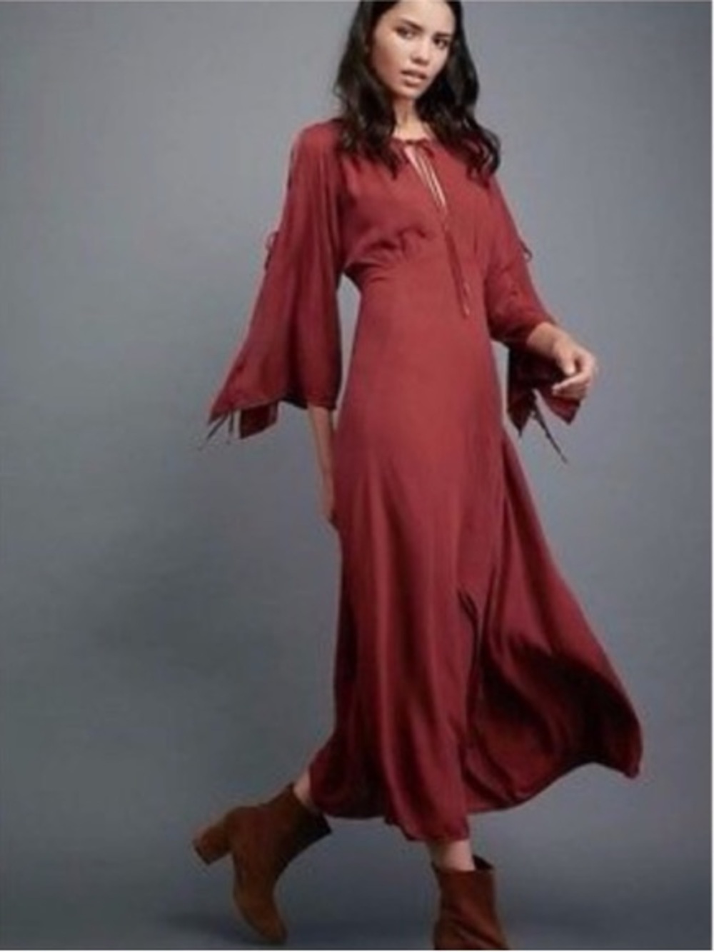 Free People Burgundy Boho Bell Sleeve Maxi Dress XS Flowy practical magic